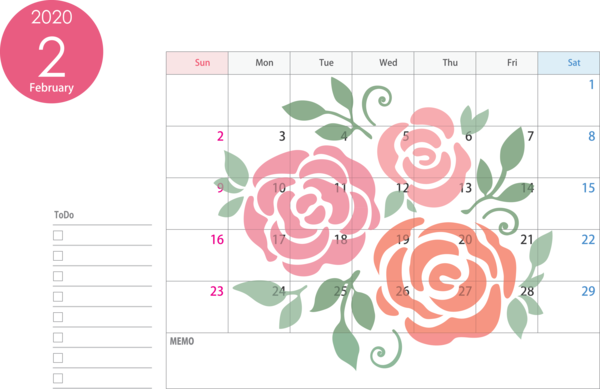 Transparent New Year Text Pink Rose for Printable 2020 Calendar for New Year