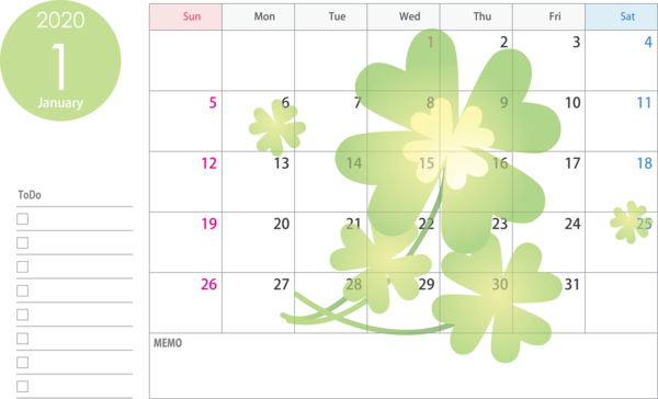 Transparent New Year Green Leaf Text for Printable 2020 Calendar for New Year