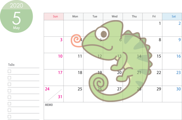 Transparent New Year Chameleon Green Cartoon for Printable 2020 Calendar for New Year