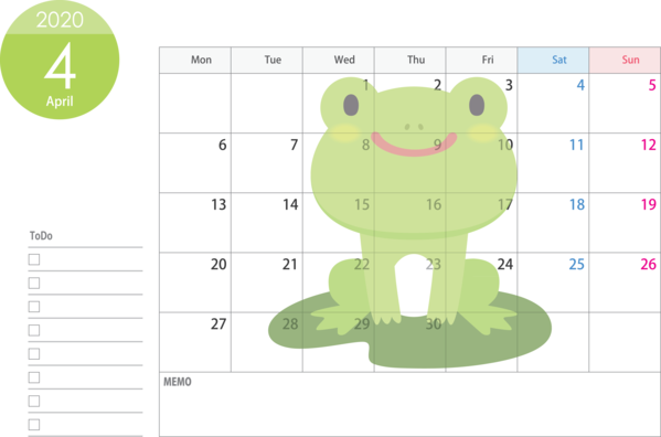 Transparent New Year Green Text Cartoon for Printable 2020 Calendar for New Year
