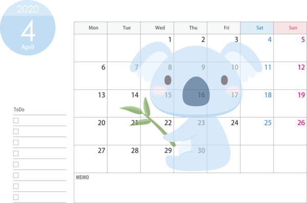 Transparent New Year Text Line Koala for Printable 2020 Calendar for New Year