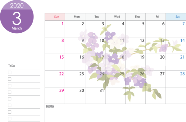 Transparent New Year Text Purple Line for Printable 2020 Calendar for New Year