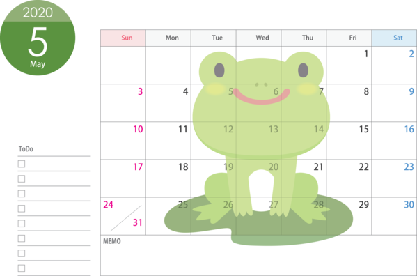 Transparent New Year Green Cartoon Frog for Printable 2020 Calendar for New Year