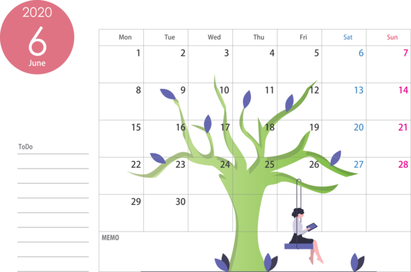 Transparent New Year Text Line Tree for Printable 2020 Calendar for New Year