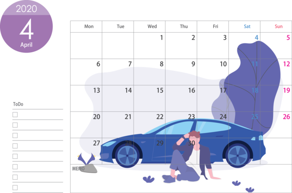 Transparent New Year Vehicle door Car Vehicle for Printable 2020 Calendar for New Year