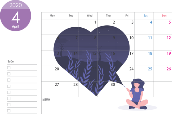 Transparent New Year Text Heart Line for Printable 2020 Calendar for New Year