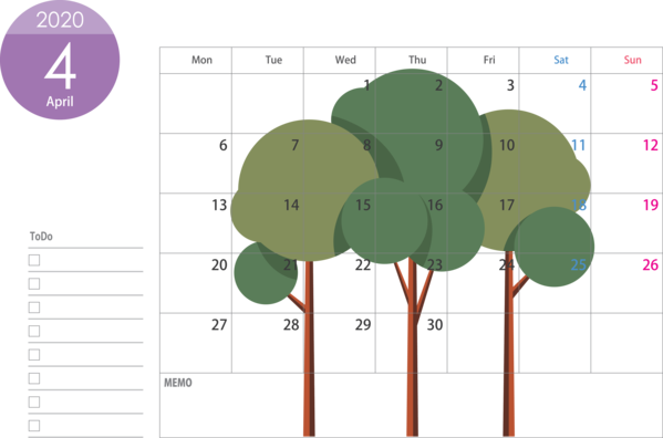 Transparent New Year Leaf Plant Tree for Printable 2020 Calendar for New Year