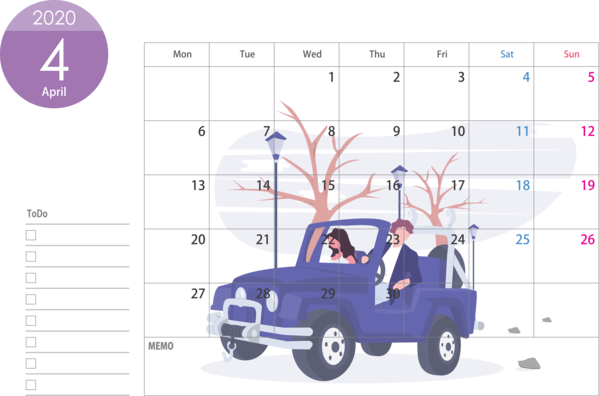 Transparent New Year Text Vehicle Car for Printable 2020 Calendar for New Year