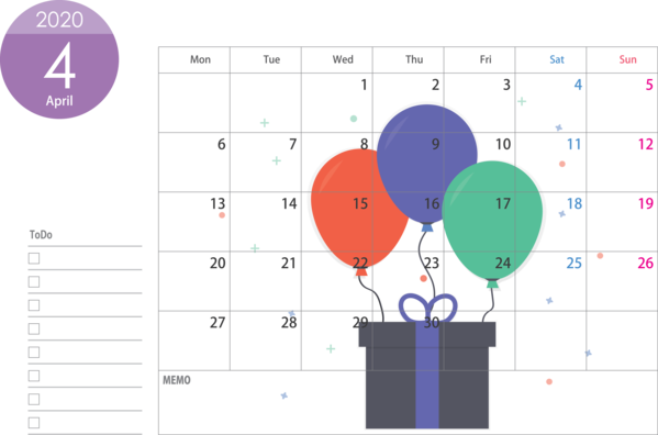 Transparent New Year Balloon Text Diagram for Printable 2020 Calendar for New Year