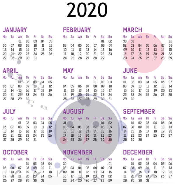 Transparent New Year Calendar System Font Purple for Printable 2020 Calendar for New Year