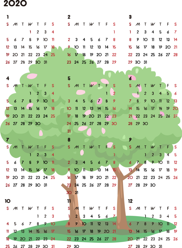 Transparent New Year Leaf Line Point for Printable 2020 Calendar for New Year