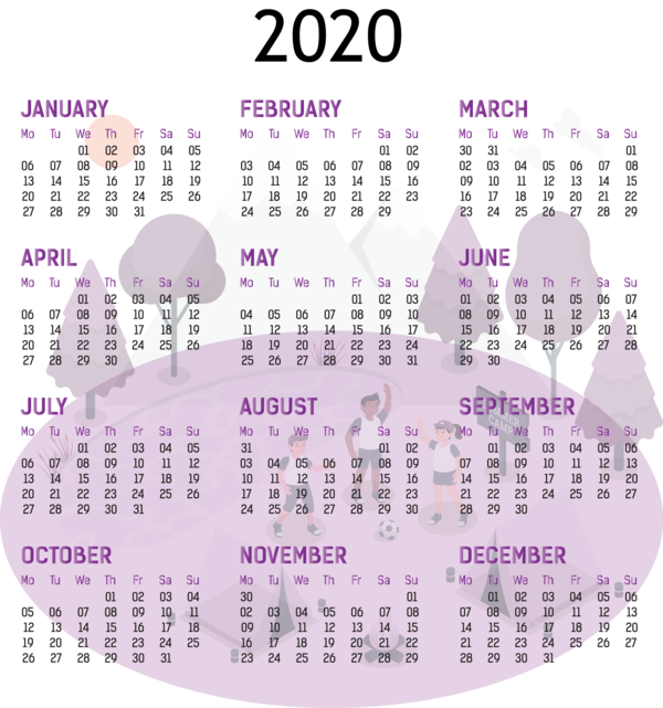 Transparent New Year Calendar System Font Purple for Printable 2020 Calendar for New Year