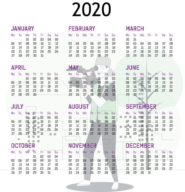 Transparent New Year Font Calendar System Purple for Printable 2020 Calendar for New Year