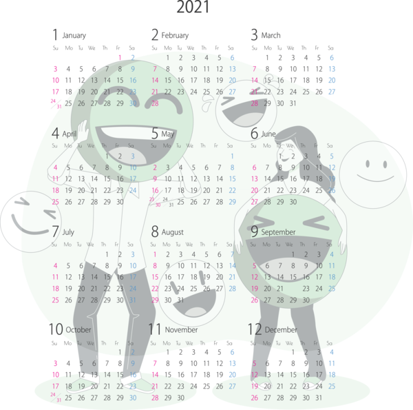 Transparent New Year Calendar System Cartoon Pattern for Printable 2021 Calendar for New Year