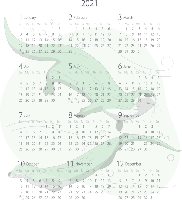 Transparent New Year Calendar System Fish Pattern for Printable 2021 Calendar for New Year