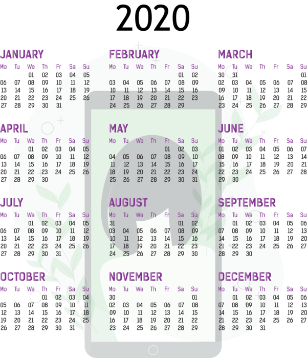 Transparent New Year Font Calendar System Purple for Printable 2020 Calendar for New Year