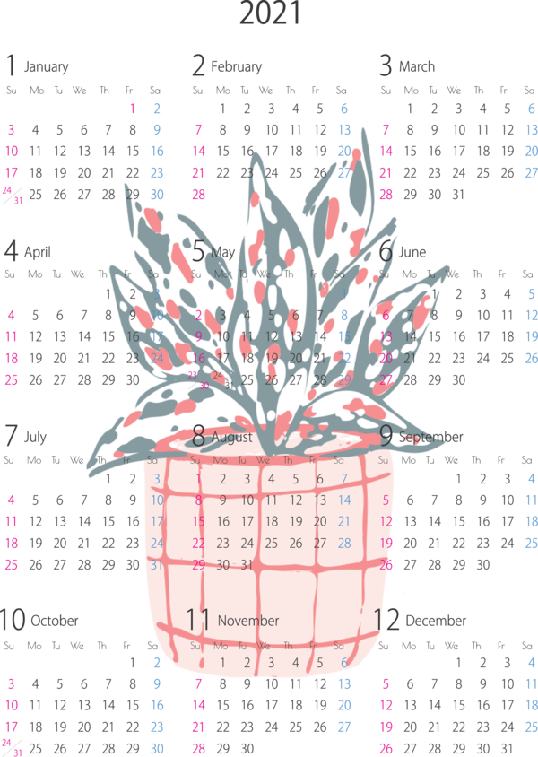 Transparent New Year Flowerpot .design Design for Printable 2021 Calendar for New Year