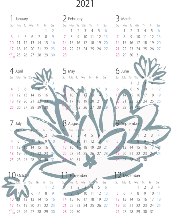 Transparent New Year Flower Line art Design for Printable 2021 Calendar for New Year