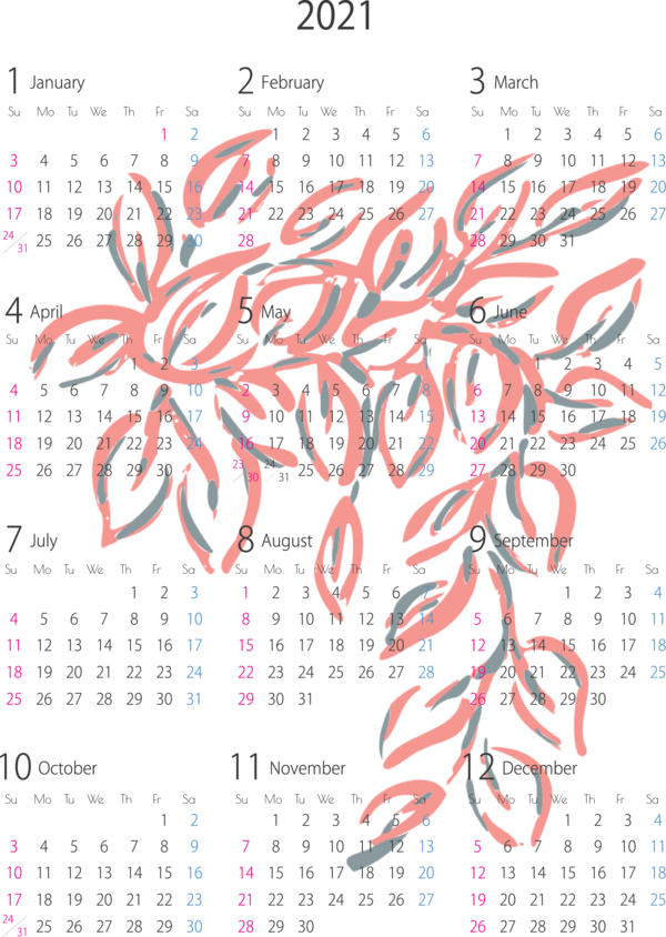 Transparent New Year Flower Design Line for Printable 2021 Calendar for New Year