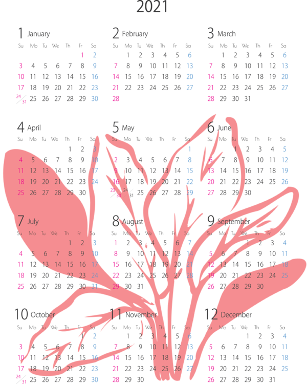 Transparent New Year Design Customizable Graphics Flower for Printable 2021 Calendar for New Year