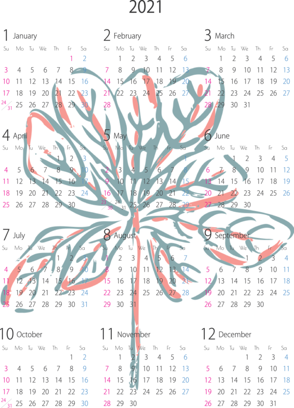 Transparent New Year Leaf Floral design Design for Printable 2021 Calendar for New Year