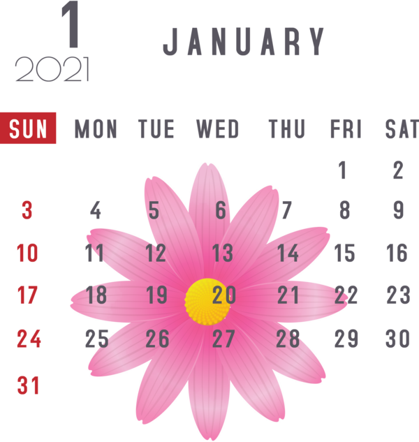 Transparent New Year Flower Petal Line for Printable 2021 Calendar for New Year