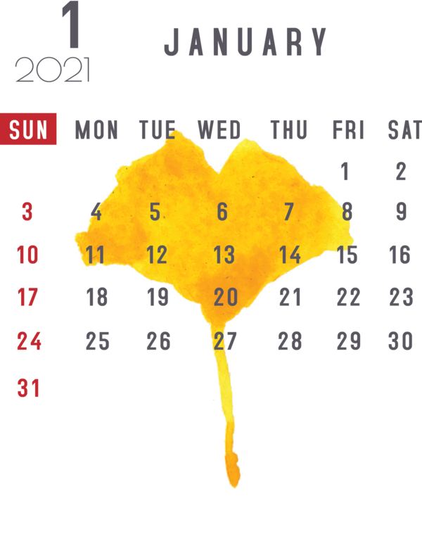 Transparent New Year Leaf Yellow Font for Printable 2021 Calendar for New Year
