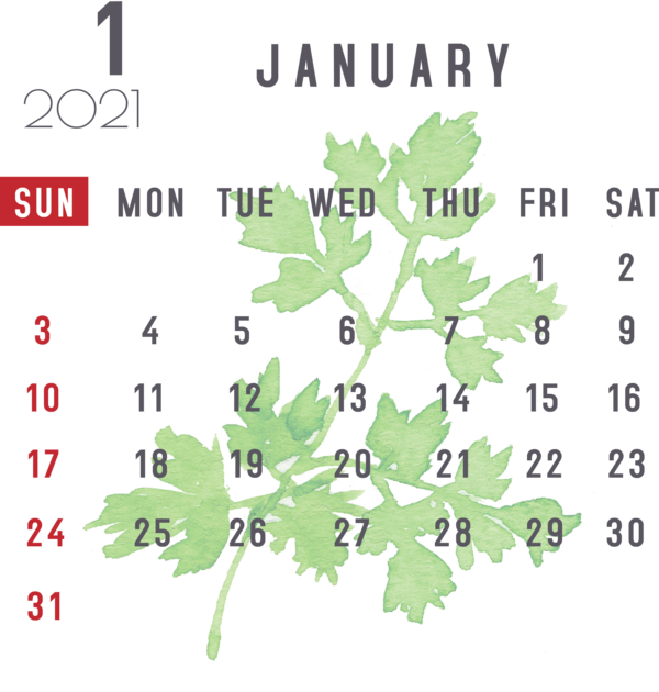 Transparent New Year Leaf Plant stem Meter for Printable 2021 Calendar for New Year