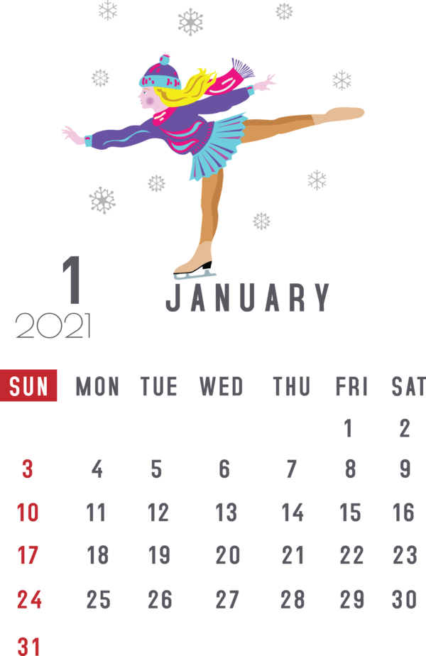 Transparent New Year Ice skating Ice skate Figure skating for Printable 2021 Calendar for New Year