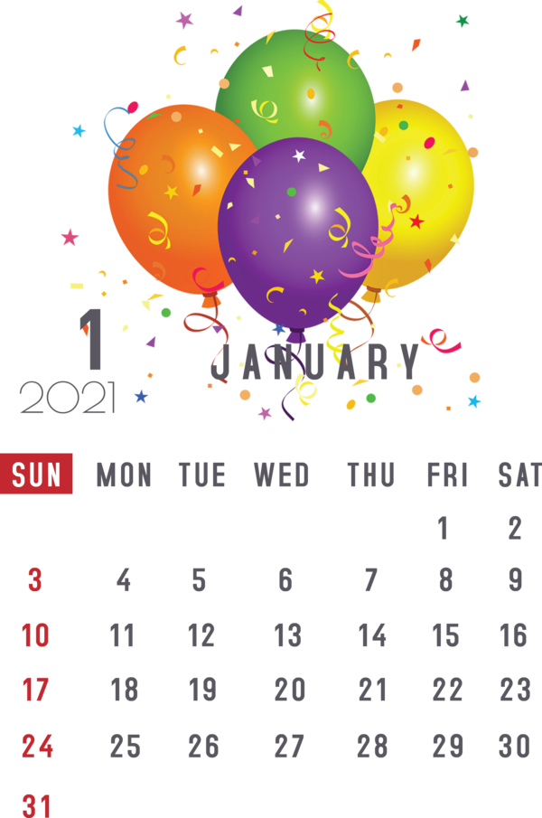 Transparent New Year Birthday Balloon Children's party for Printable 2021 Calendar for New Year