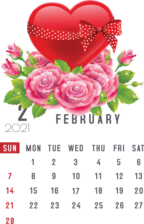 Transparent New Year Heart Rose Romance for Printable 2021 Calendar for New Year