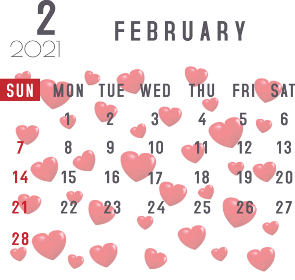 Transparent New Year Heart Valentine's Day Design for Printable 2021 Calendar for New Year