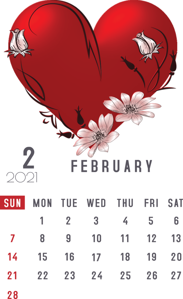 Transparent New Year Heart Valentine's Day Heart for Printable 2021 Calendar for New Year