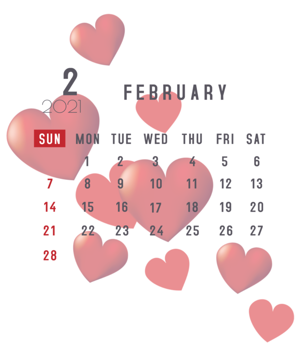 Transparent New Year Heart Love Hearts 3D computer graphics for Printable 2021 Calendar for New Year
