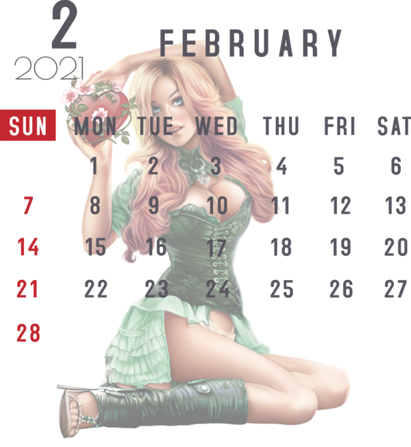 Transparent New Year teenage girl Pin-up girl Wolf for Printable 2021 Calendar for New Year