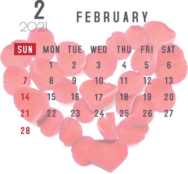 Transparent New Year Valentine's Day Heart Heart for Printable 2021 Calendar for New Year