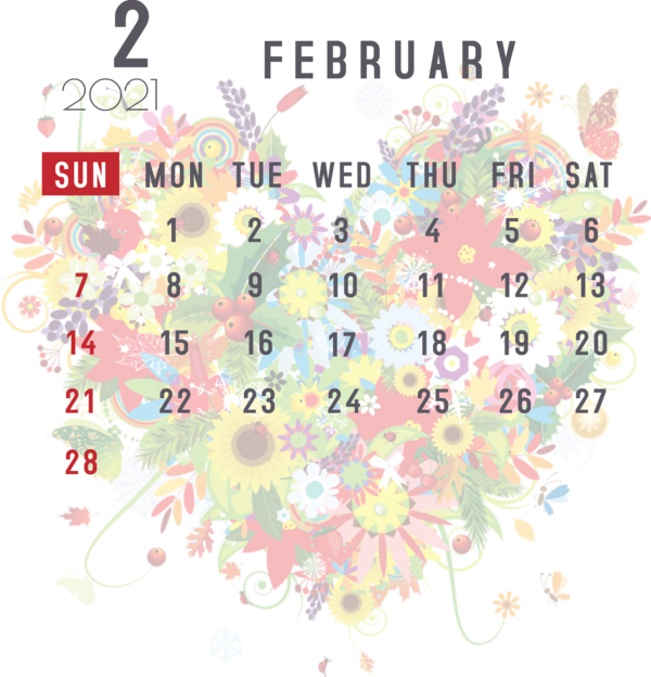Transparent New Year Heart Flower Design for Printable 2021 Calendar for New Year