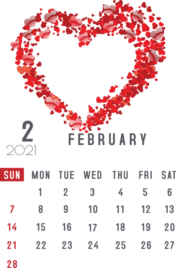 Transparent New Year Heart Valentine's Day Infographic for Printable 2021 Calendar for New Year