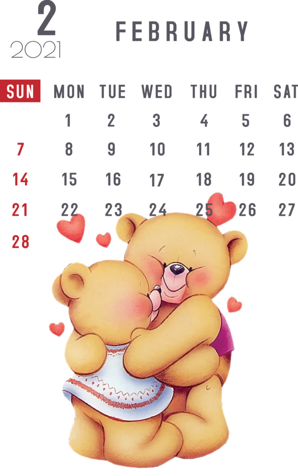 Transparent New Year Bears Teddy bear Valentine's Day for Printable 2021 Calendar for New Year