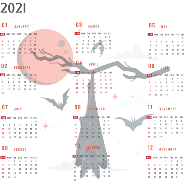 Transparent New Year Bats Drawing Design for Printable 2021 Calendar for New Year