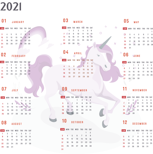 Transparent New Year Unicorn Design Rainbow for Printable 2021 Calendar for New Year