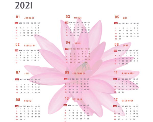 Transparent New Year Petal Flower Meter for Printable 2021 Calendar for New Year