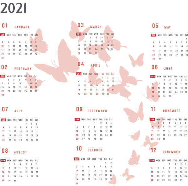Transparent New Year Butterflies Free Free for Printable 2021 Calendar for New Year