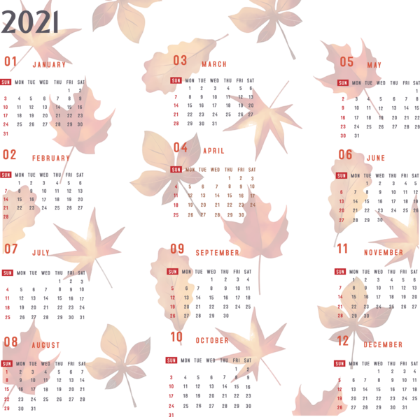 Transparent New Year Autumn Leaves Design Autumn for Printable 2021 Calendar for New Year