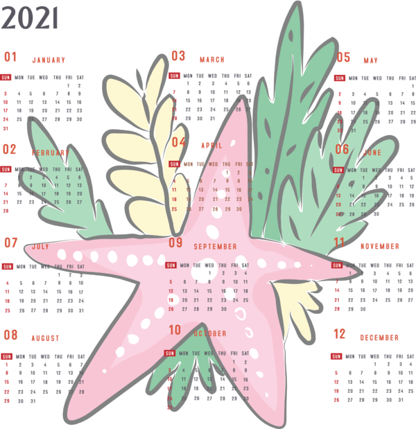 Transparent New Year Flower Leaf Petal for Printable 2021 Calendar for New Year
