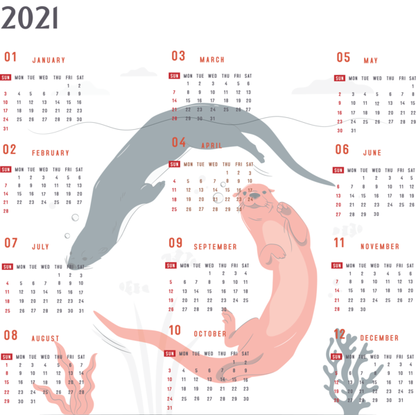 Transparent New Year Otters Walrus Vector for Printable 2021 Calendar for New Year