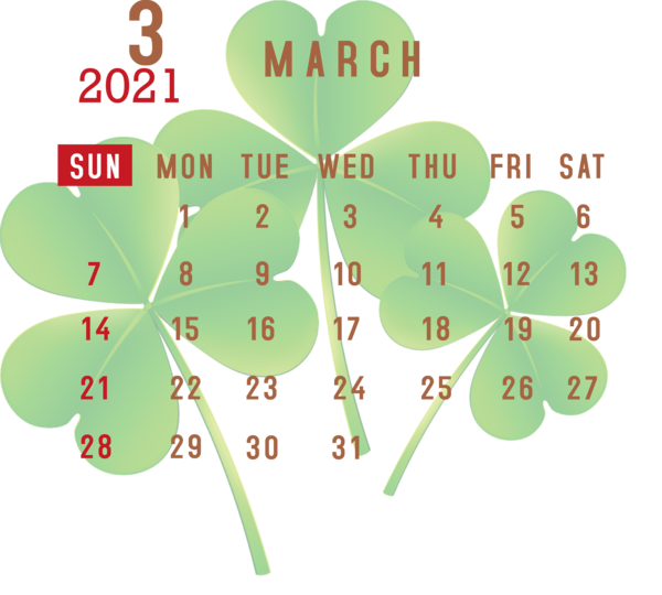Transparent New Year Leaf Shamrock Green for Printable 2021 Calendar for New Year
