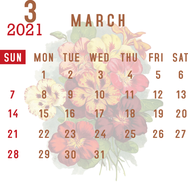 Transparent New Year Floral design Cut flowers Petal for Printable 2021 Calendar for New Year