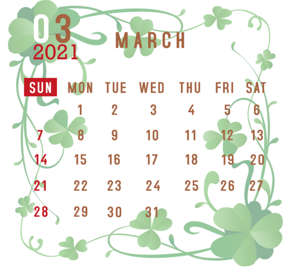 Transparent New Year Saint Patrick's Day March 17 Shamrock for Printable 2021 Calendar for New Year
