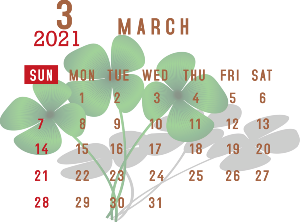 Transparent New Year Four-leaf clover Clover Luck for Printable 2021 Calendar for New Year
